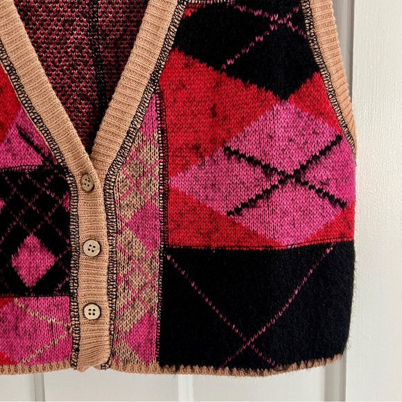 Free People Sweater Vest Tan Black Pink Argyle Cropped Size Small - Picture 6 of 8